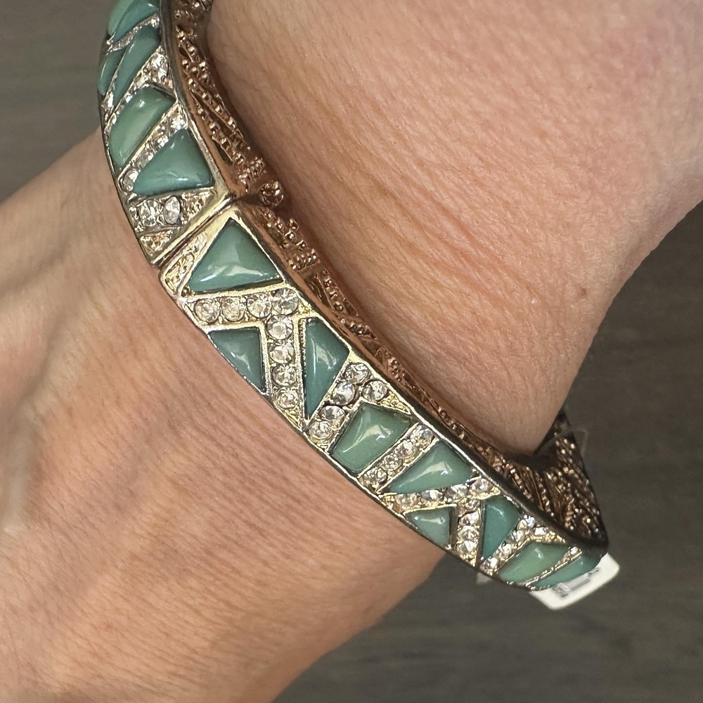 Gold Tone Turquoise Rhinestone Wide Bangle Bracelet Womens 8" Square StretchBoho